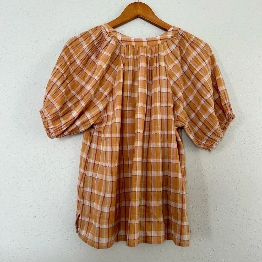 Loft Mustard Plaid Puff Sleeve Peasant Blouse Small